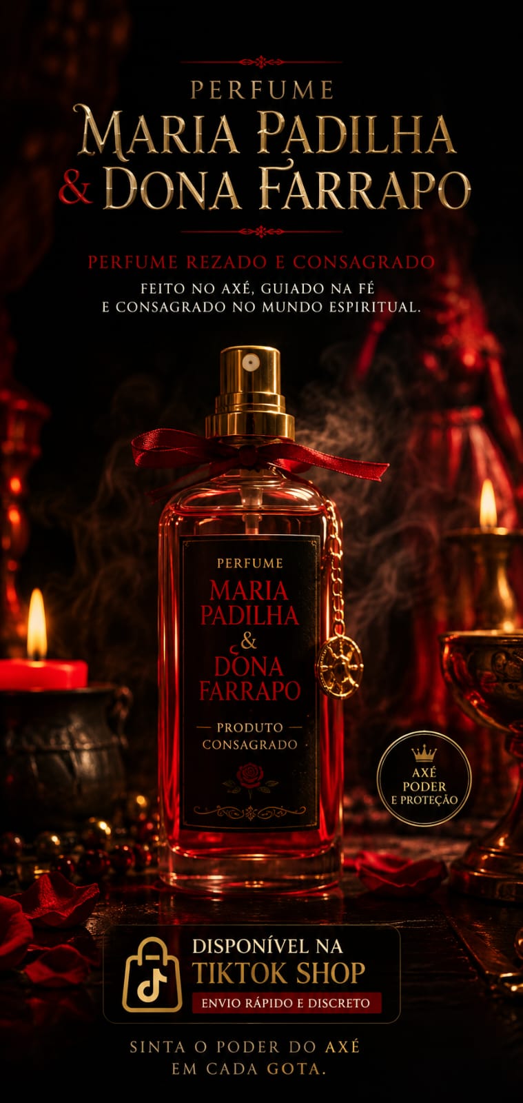 Frasco do perfume consagrado com laço vermelho e medalha dourada.